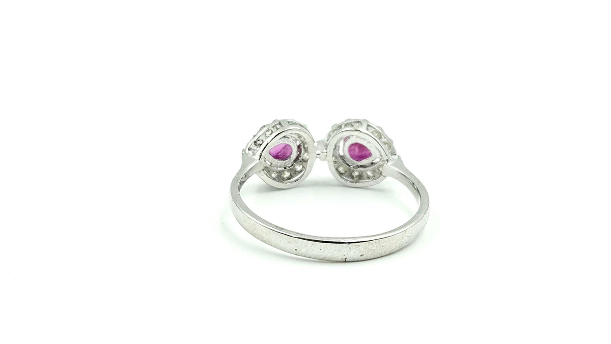 Twin Ruby Halo Open Ring – 925 Sterling Silver, 18K White Gold Vermeil
