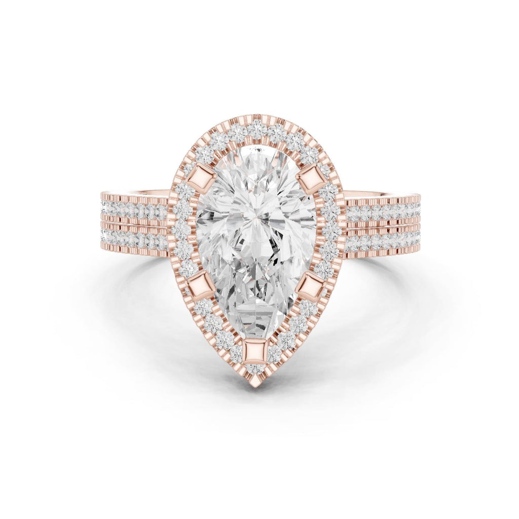 Pear Moissanite Halo Ring with Triple-Row Pavé Band – 925 Sterling Silver, 18K Gold Vermeil