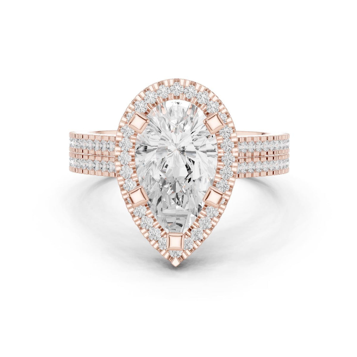 Pear Moissanite Halo Ring with Triple-Row Pavé Band – 925 Sterling Silver, 18K Gold Vermeil