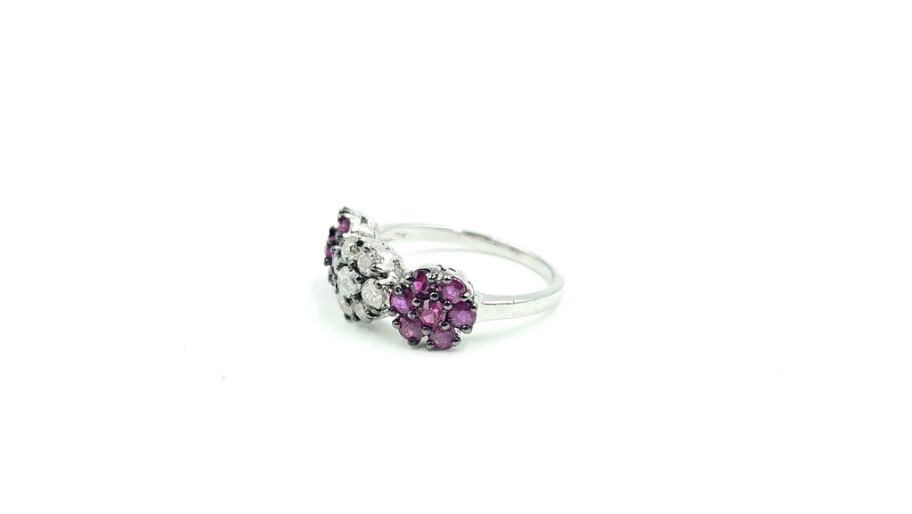 Triple-Cluster Ruby & Diamond Ring – 925 Sterling Silver, 18K White Gold Vermeil