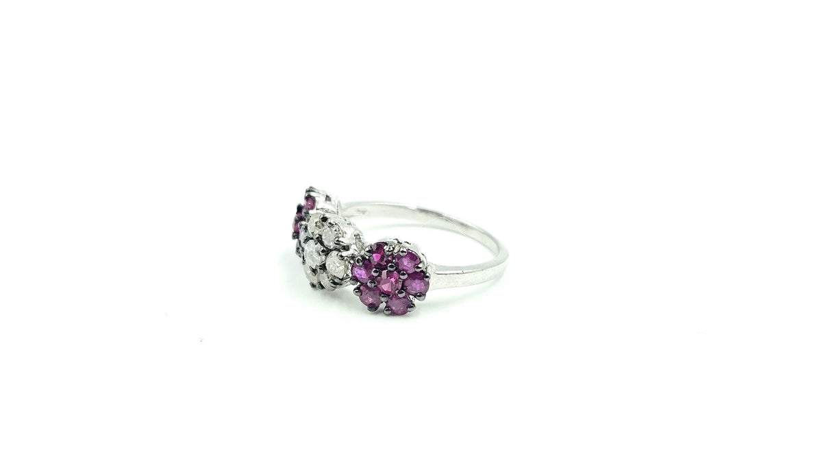 Triple-Cluster Ruby & Diamond Ring – 925 Sterling Silver, 18K White Gold Vermeil