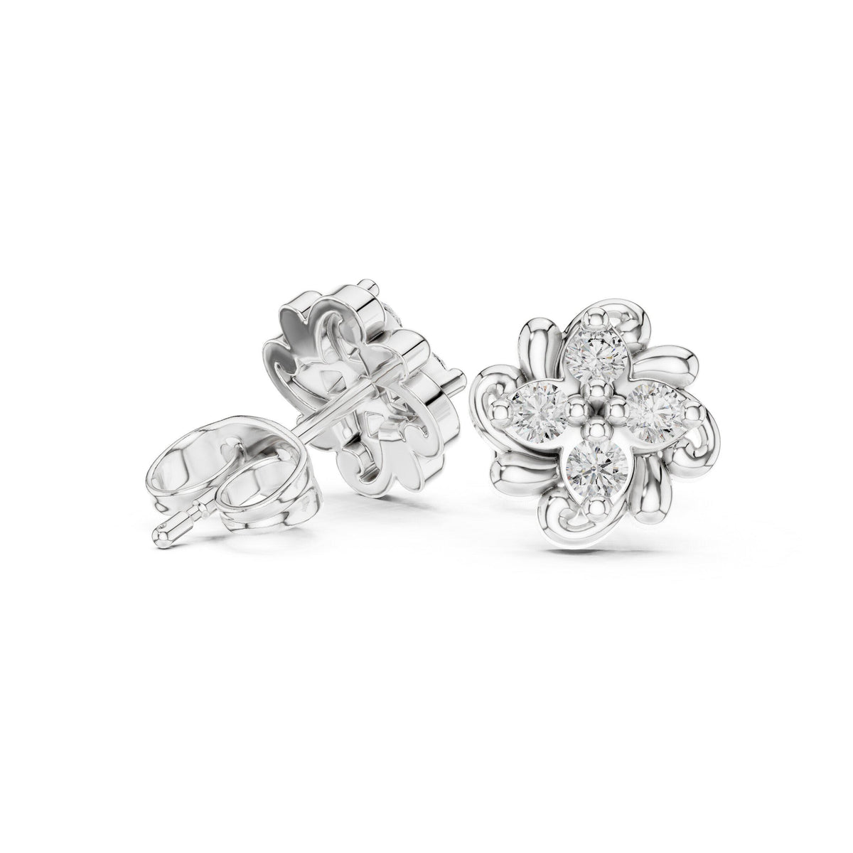Moissanite Scroll Flower Stud Earrings – 925 Sterling Silver, 18K Gold Vermeil