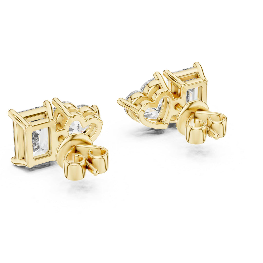 Heart & Emerald-Cut Moissanite Toi et Moi Stud Earrings – 925 Sterling Silver, 18K Gold Vermeil