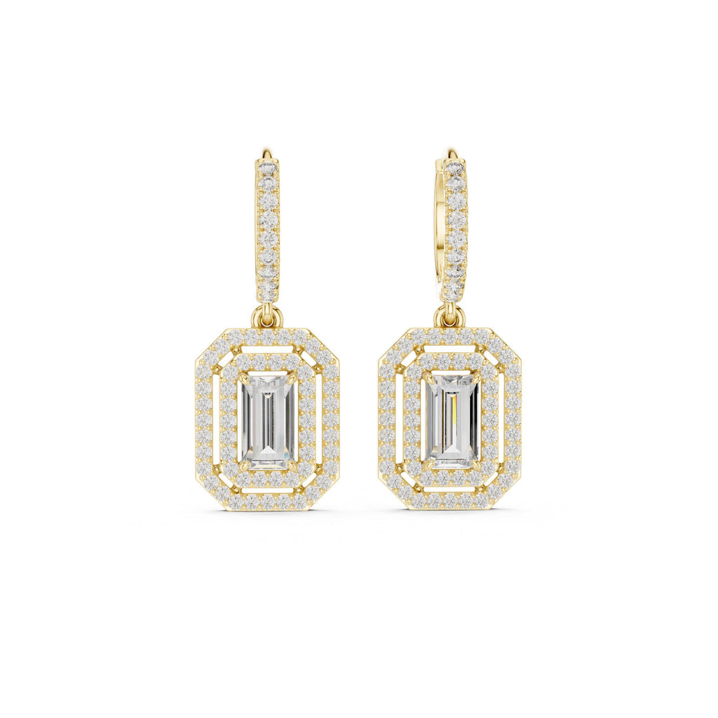 Emerald-Cut Moissanite Double-Halo Drop Earrings – 925 Sterling Silver, 18K Gold Vermeil