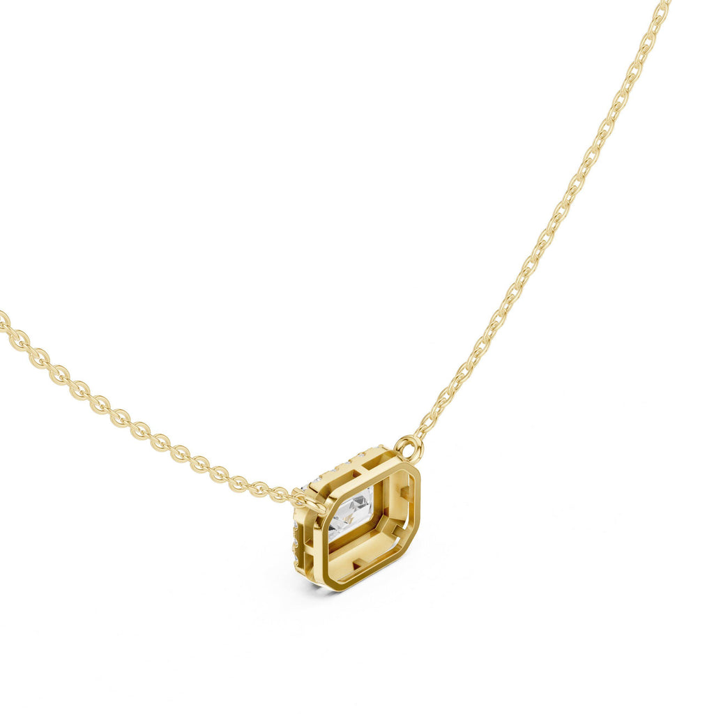 Emerald-Cut Moissanite East-West Halo Necklace – 925 Sterling Silver, 18K Gold Vermeil
