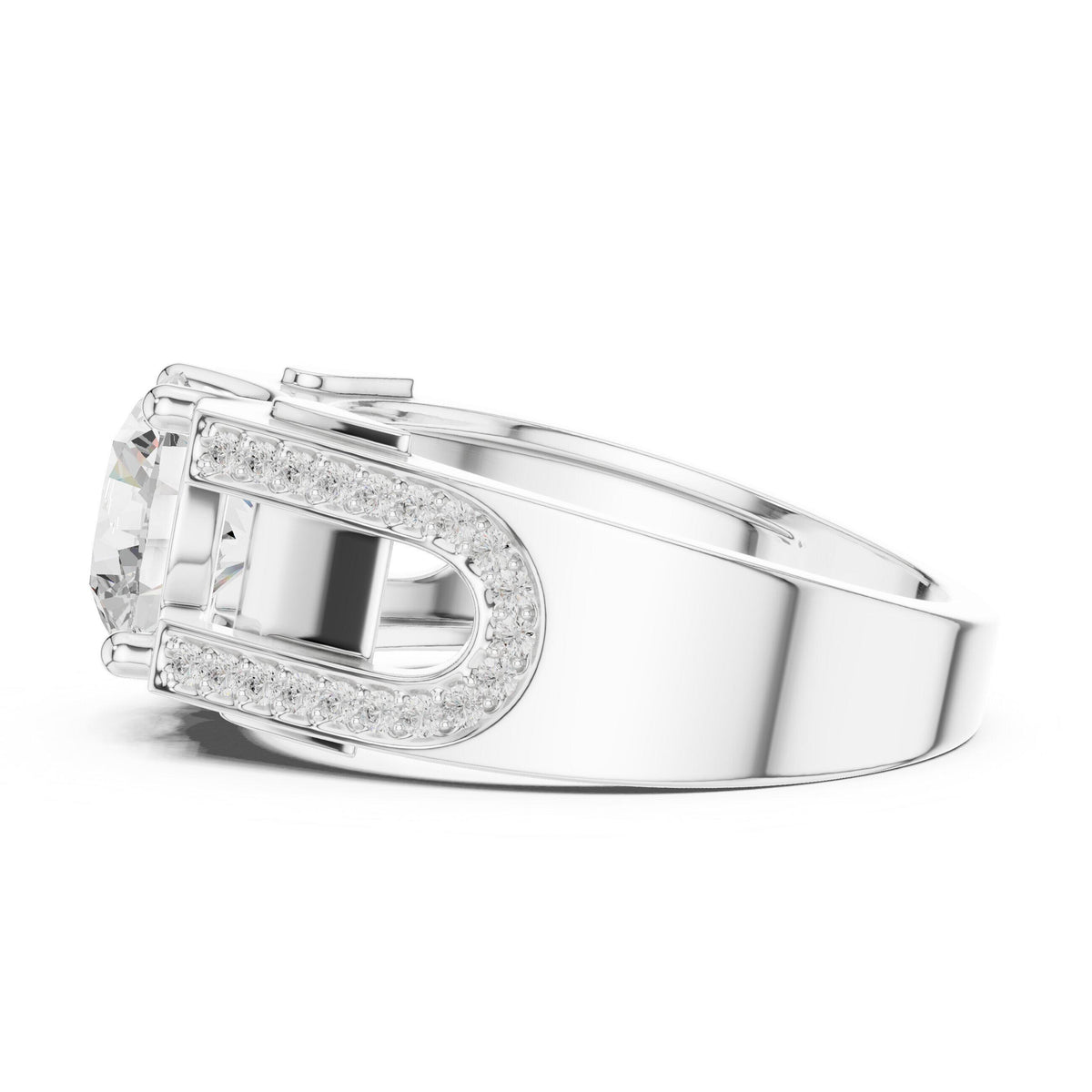 Men's Round Moissanite Ring with Pavé Horseshoe Shoulders – 925 Sterling Silver, 18K Gold Vermeil