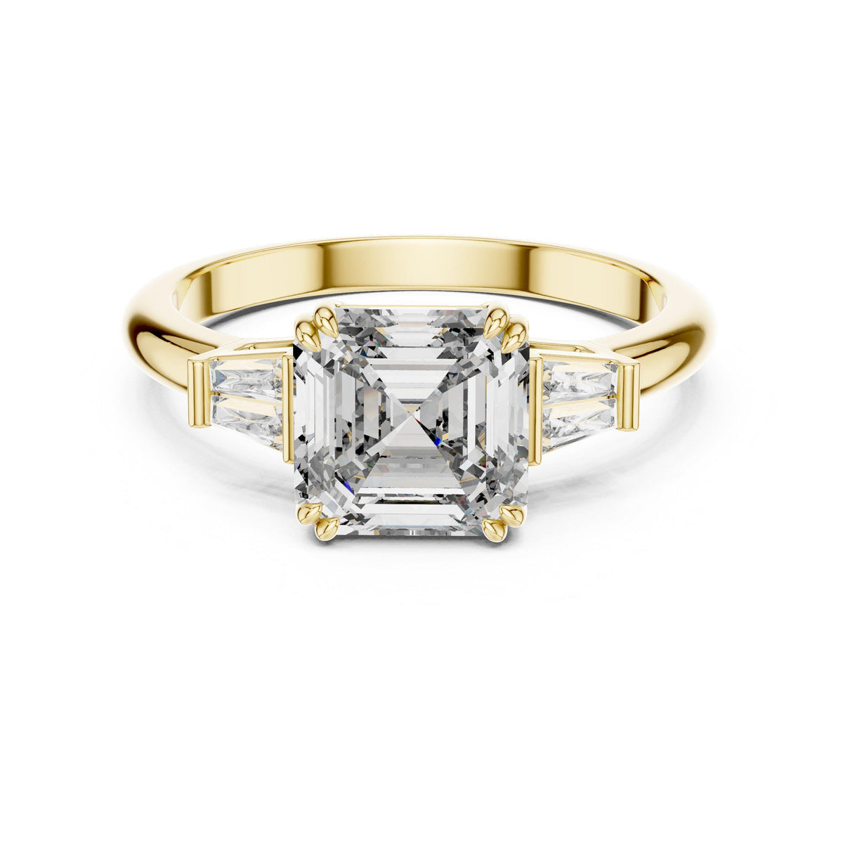 Square-Cut Moissanite Three-Stone Ring with Baguette Sides – 925 Sterling Silver, 18K Gold Vermeil