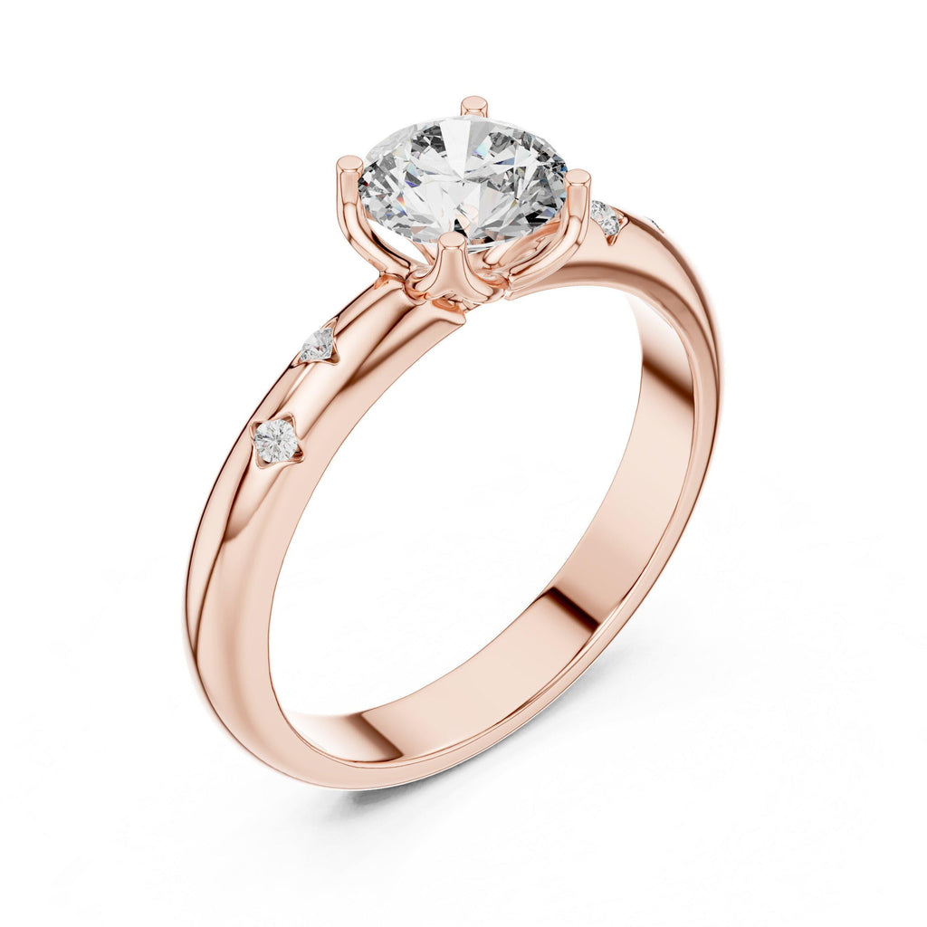 Round Moissanite Solitaire Ring with Side Accents, 6mm – 925 Sterling Silver, 18K Gold Vermeil