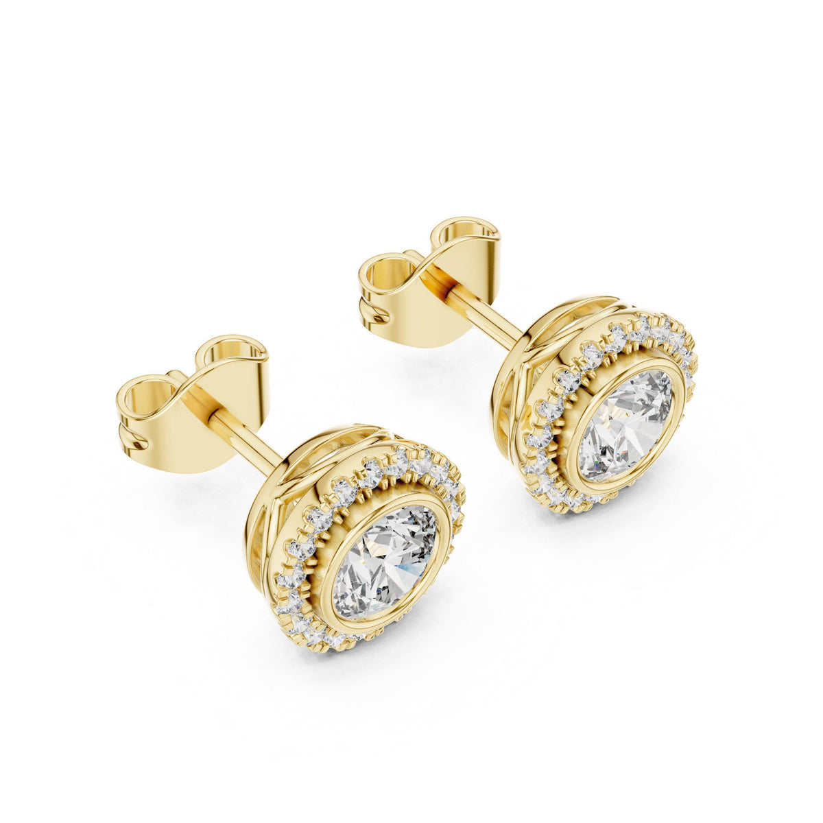Round Moissanite Bezel Halo Stud Earrings – 925 Sterling Silver, 18K Gold Vermeil