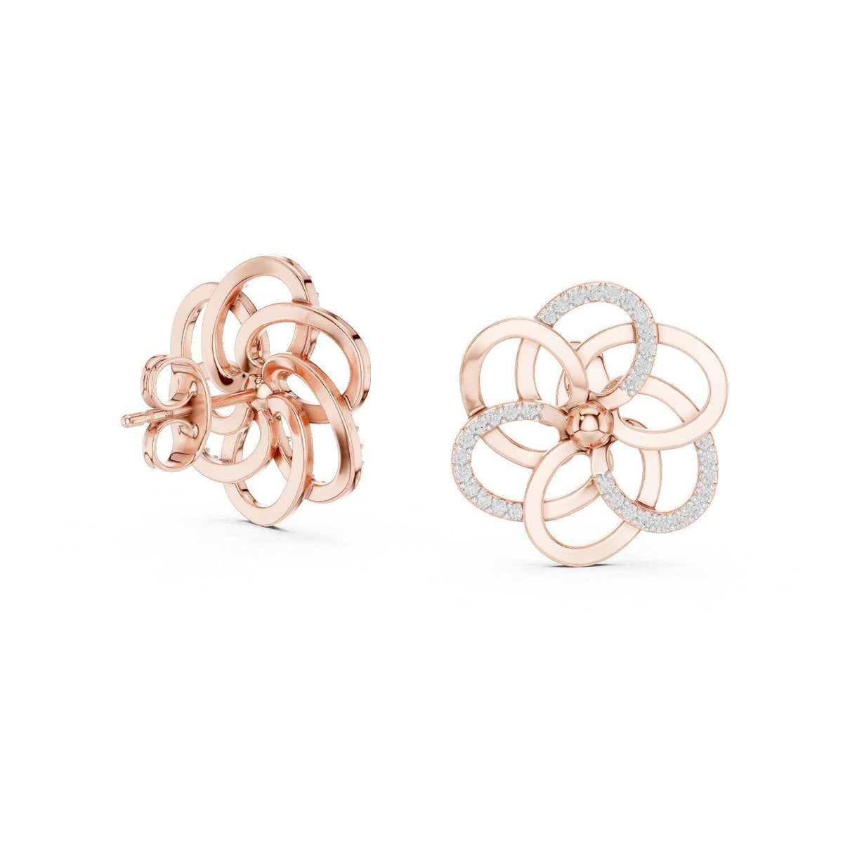 Moissanite Pavé Looped Flower Stud Earrings – 925 Sterling Silver, 18K Gold Vermeil
