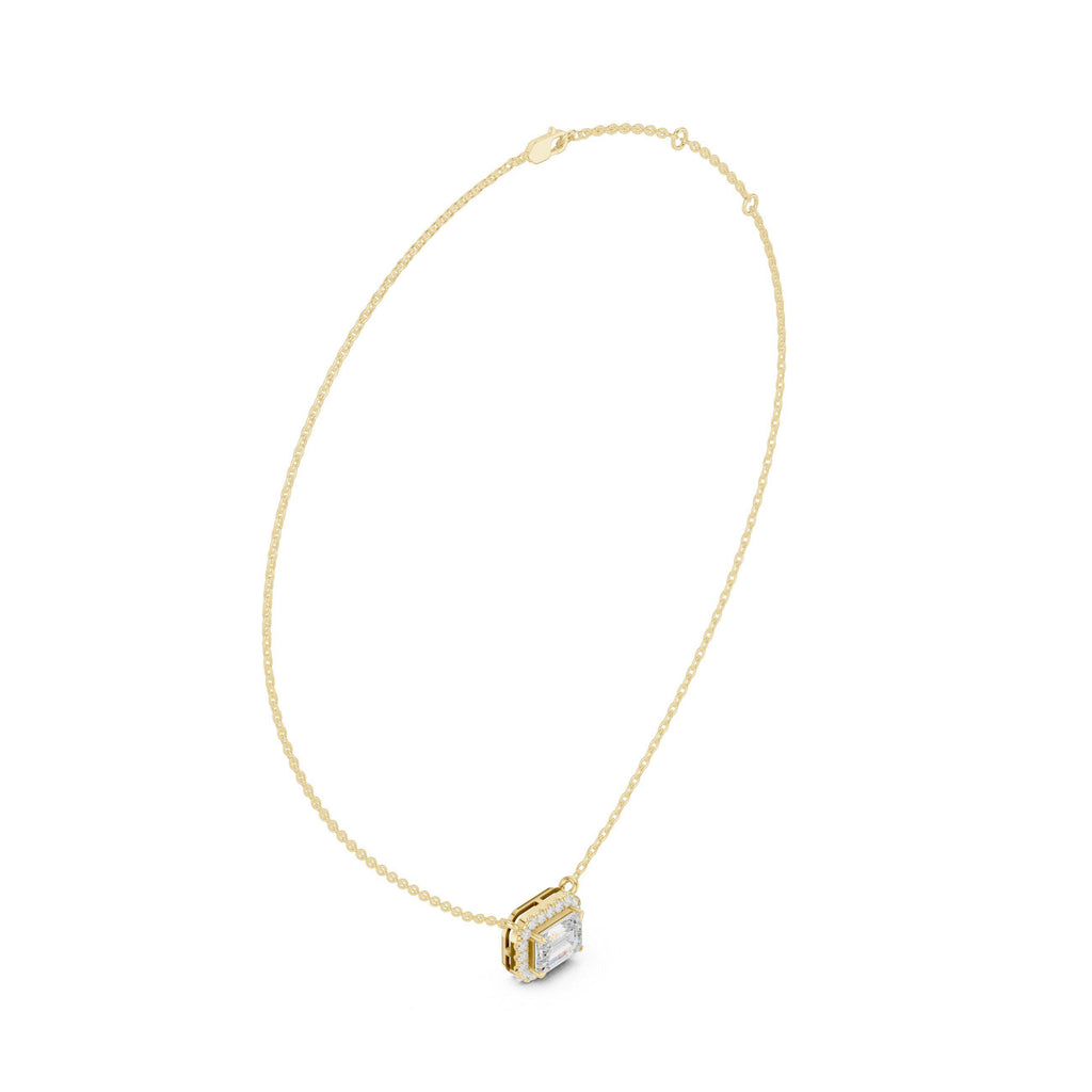 Emerald-Cut Moissanite East-West Halo Necklace – 925 Sterling Silver, 18K Gold Vermeil