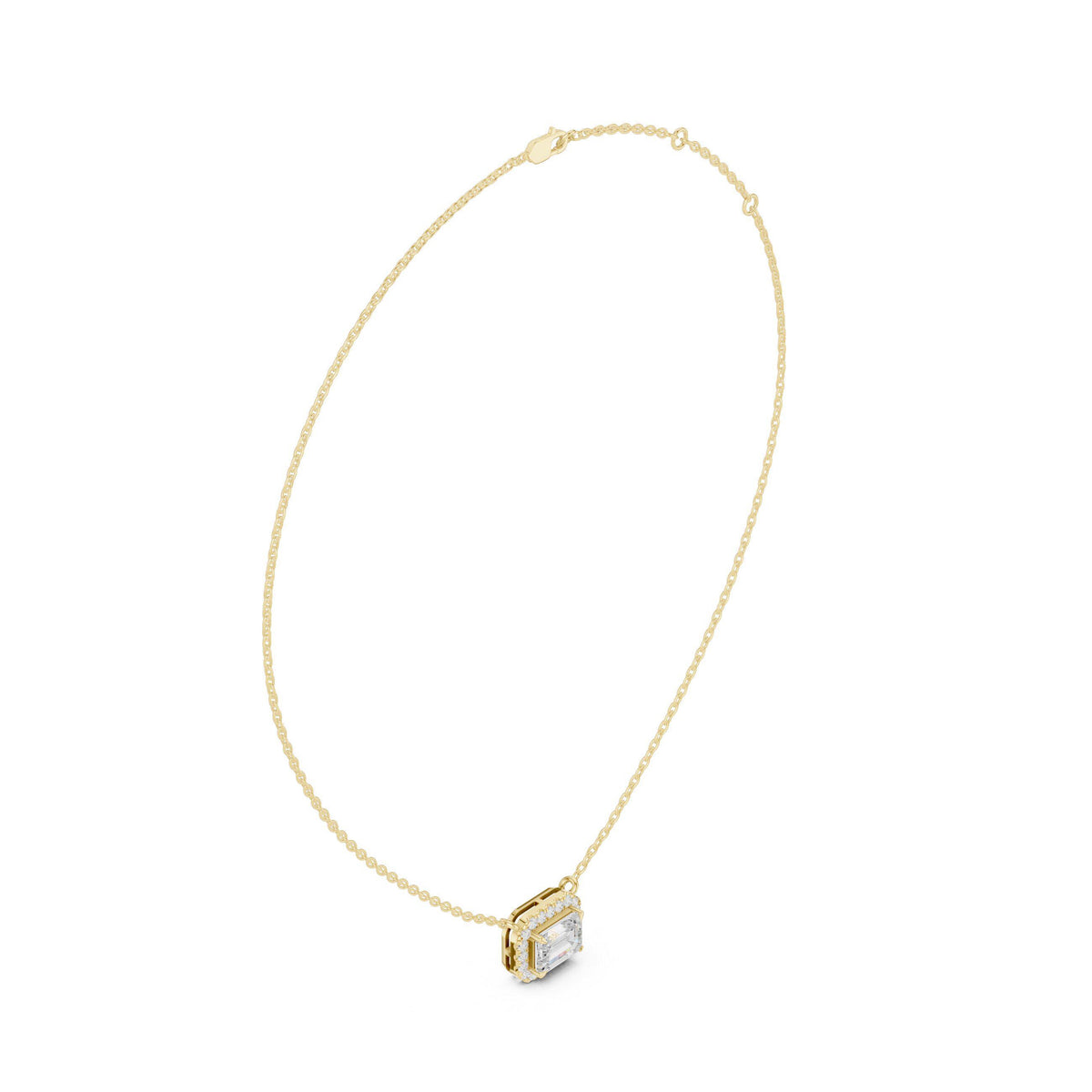 Emerald-Cut Moissanite East-West Halo Necklace – 925 Sterling Silver, 18K Gold Vermeil