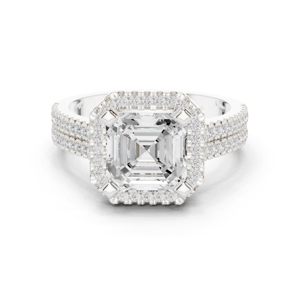 Asscher-Cut Moissanite Halo Ring with Triple-Row Pavé Band – 925 Sterling Silver, 18K Gold Vermeil