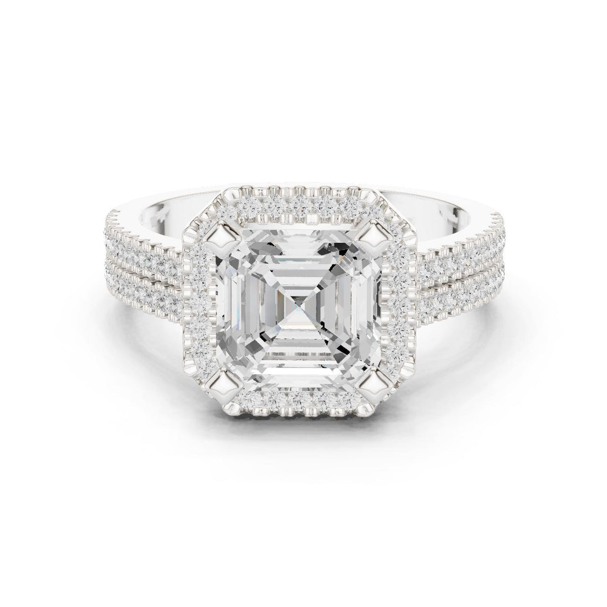 Asscher-Cut Moissanite Halo Ring with Triple-Row Pavé Band – 925 Sterling Silver, 18K Gold Vermeil