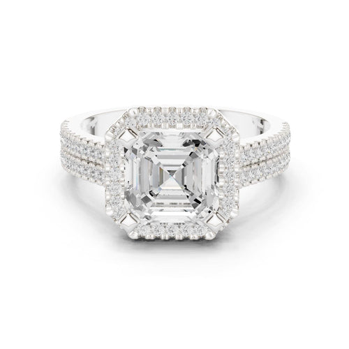 Asscher-Cut Moissanite Halo Ring with Triple-Row Pavé Band – 925 Sterling Silver, 18K Gold Vermeil