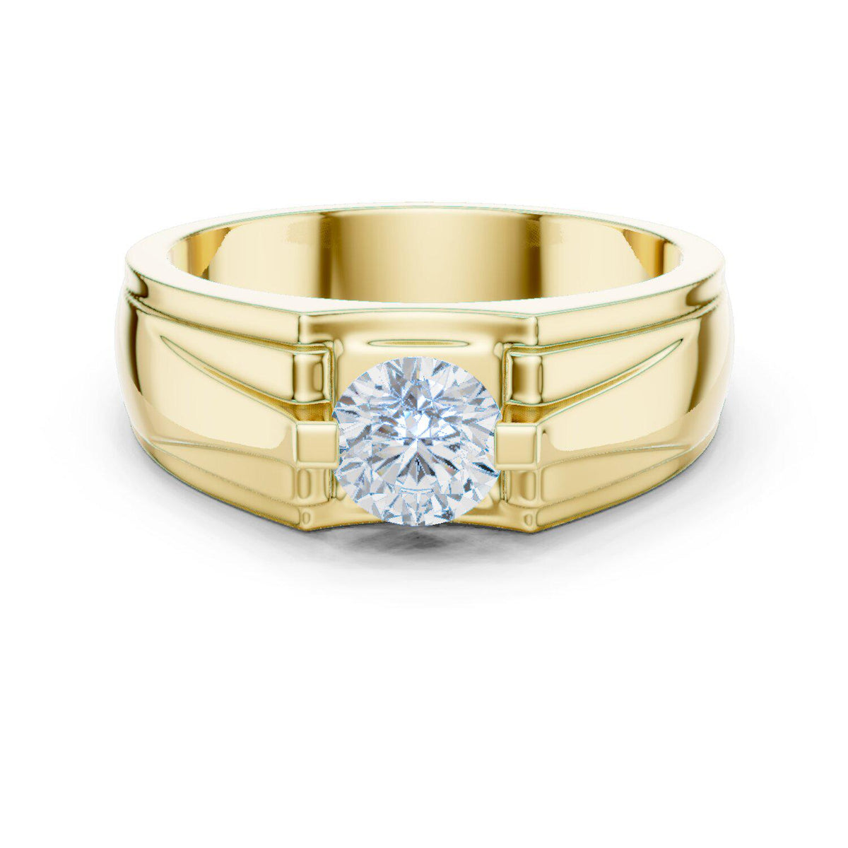 Men's Round Moissanite Ring, Stepped Square Setting – 925 Sterling Silver, 18K Gold Vermeil