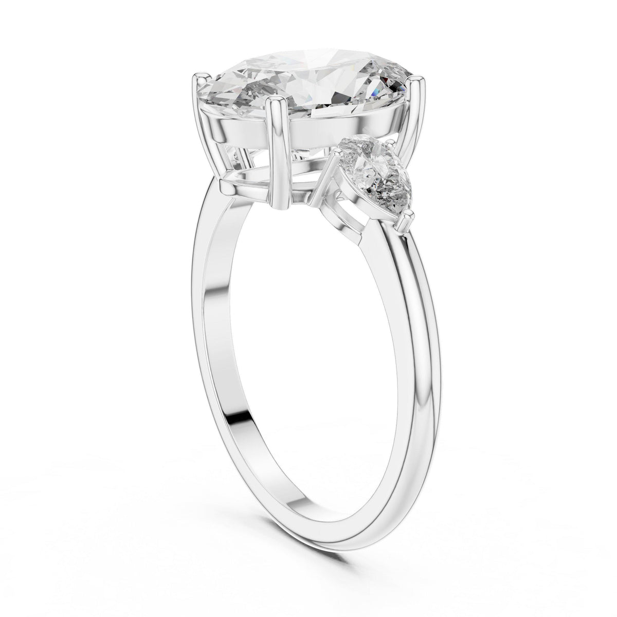Oval Moissanite Three-Stone Ring with Pear Side Stones – 925 Sterling Silver, 18K Gold Vermeil