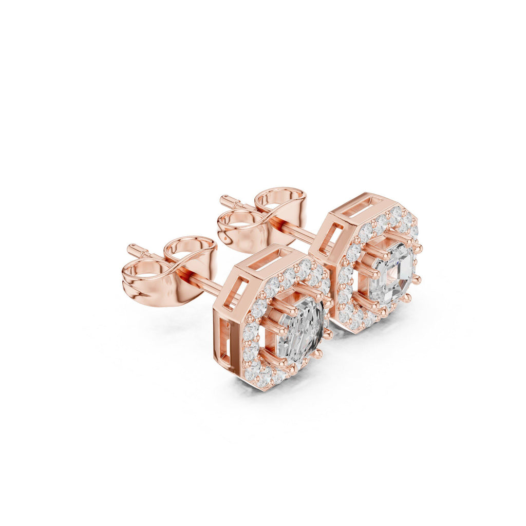 Emerald-Cut Moissanite Octagon Halo Stud Earrings – 925 Sterling Silver, 18K Gold Vermeil