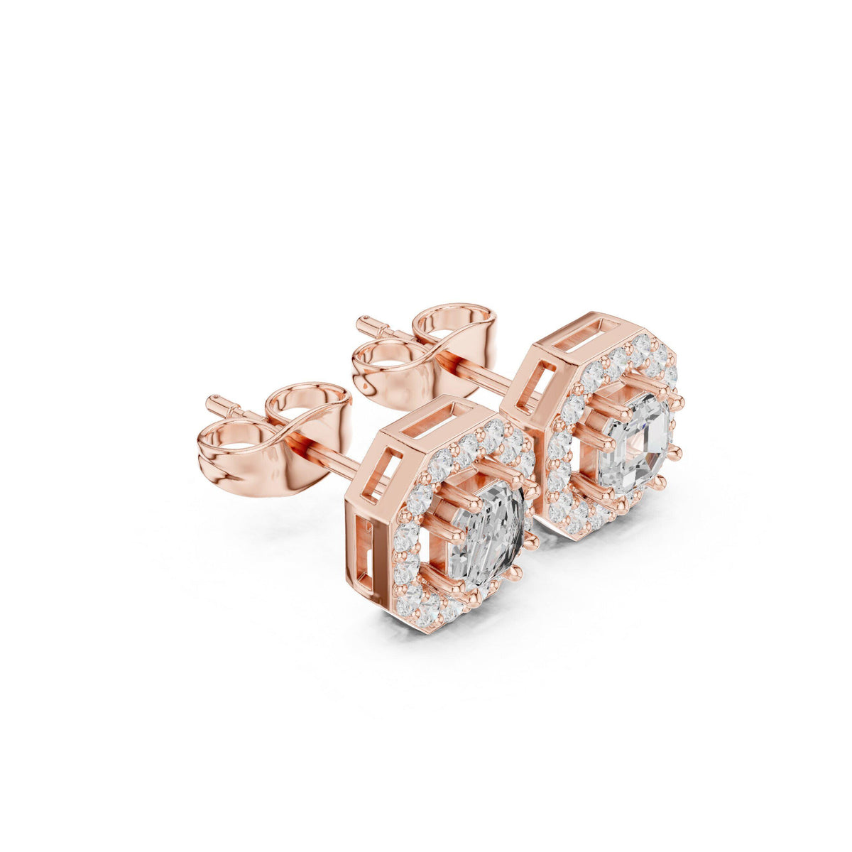 Emerald-Cut Moissanite Octagon Halo Stud Earrings – 925 Sterling Silver, 18K Gold Vermeil
