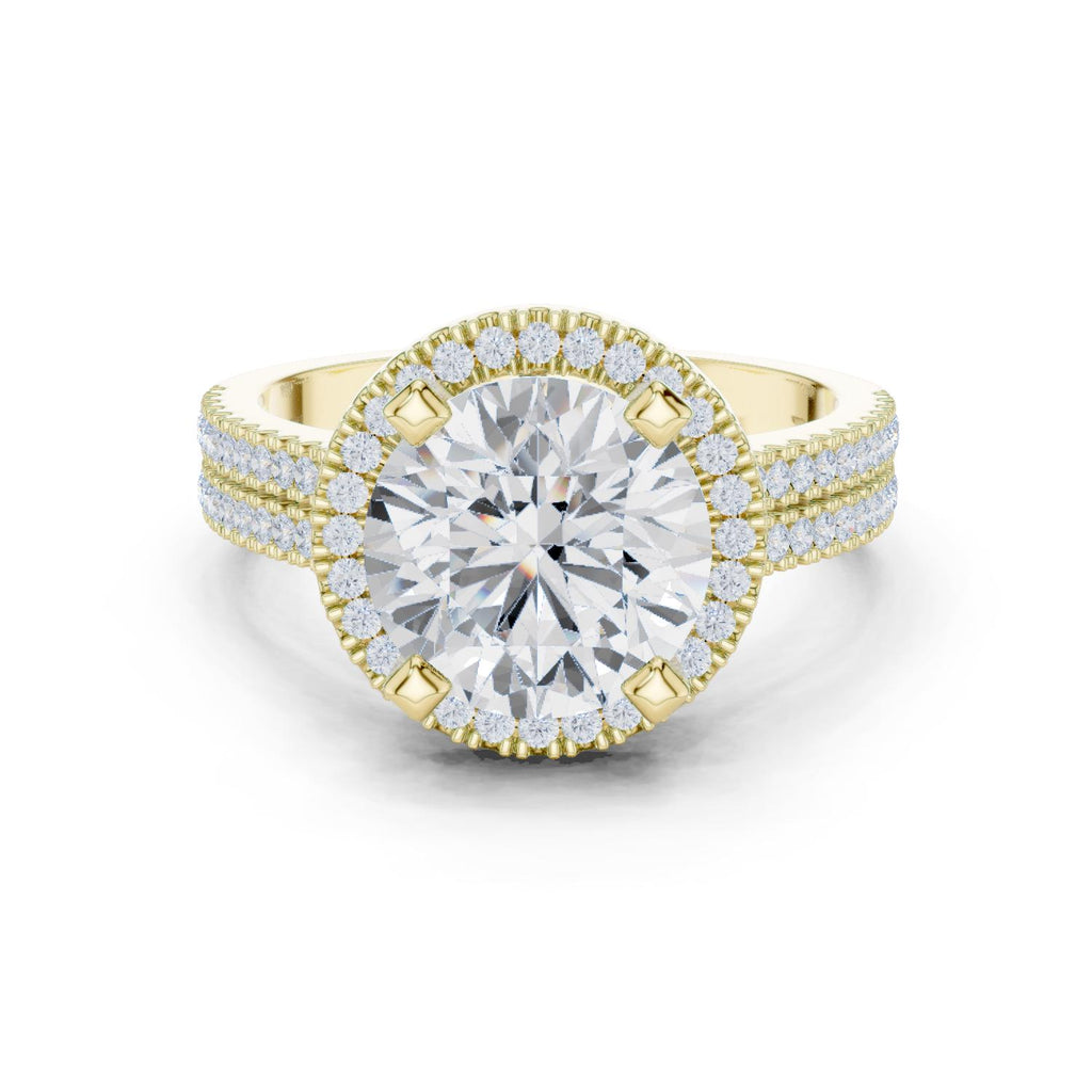 Round Moissanite Halo Ring with Triple-Row Pavé Band – 925 Sterling Silver, 18K Gold Vermeil