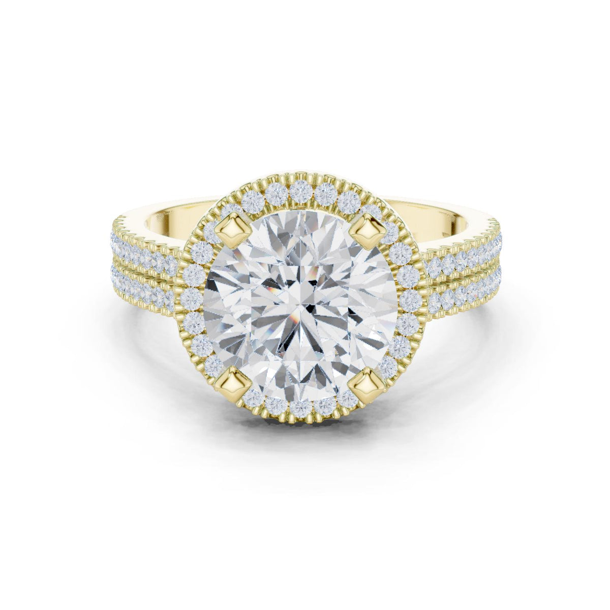 Round Moissanite Halo Ring with Triple-Row Pavé Band – 925 Sterling Silver, 18K Gold Vermeil