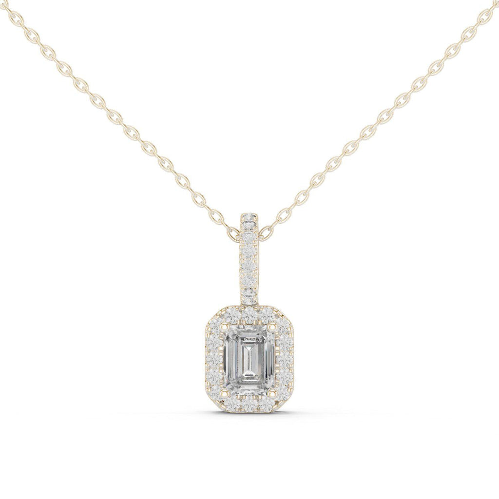Emerald-Cut Moissanite Halo Pendant Necklace – 925 Sterling Silver, 18K Gold Vermeil