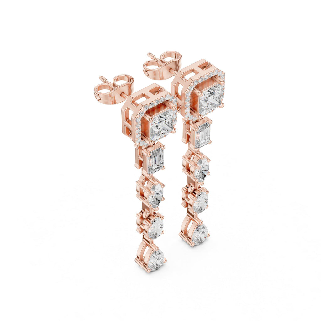 Princess Halo Moissanite Linear Drop Earrings – 925 Sterling Silver, 18K Rose Gold Vermeil