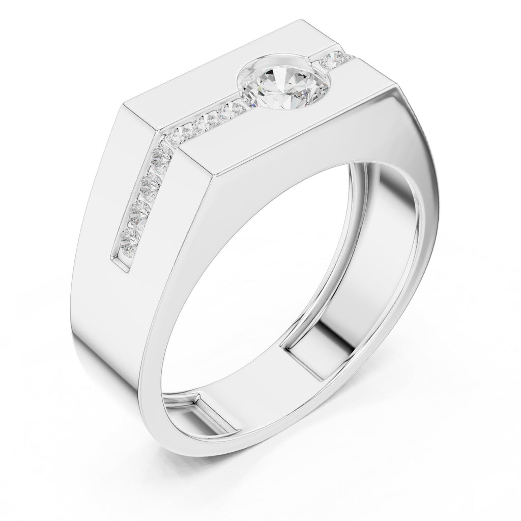 Men's Round Moissanite Ring with Channel Strip, Hexagon Top – 925 Sterling Silver, 18K Gold Vermeil