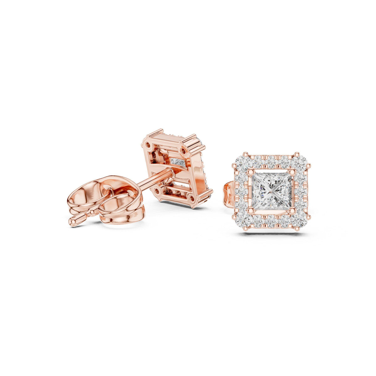 Princess Moissanite Square Halo Stud Earrings – 925 Sterling Silver, 18K Gold Vermeil