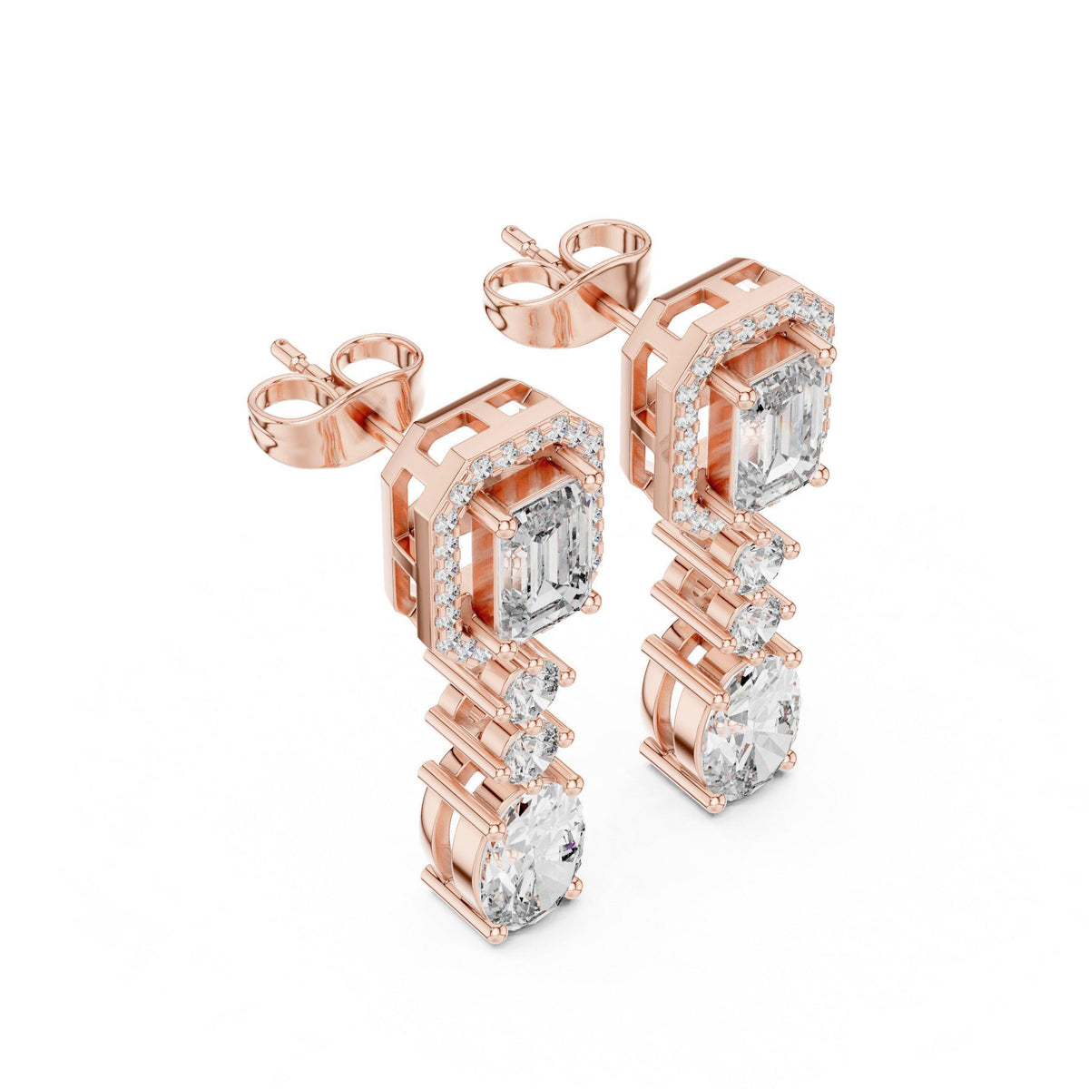 Emerald-Cut Halo Moissanite Drop Earrings – 925 Sterling Silver, 18K Gold Vermeil