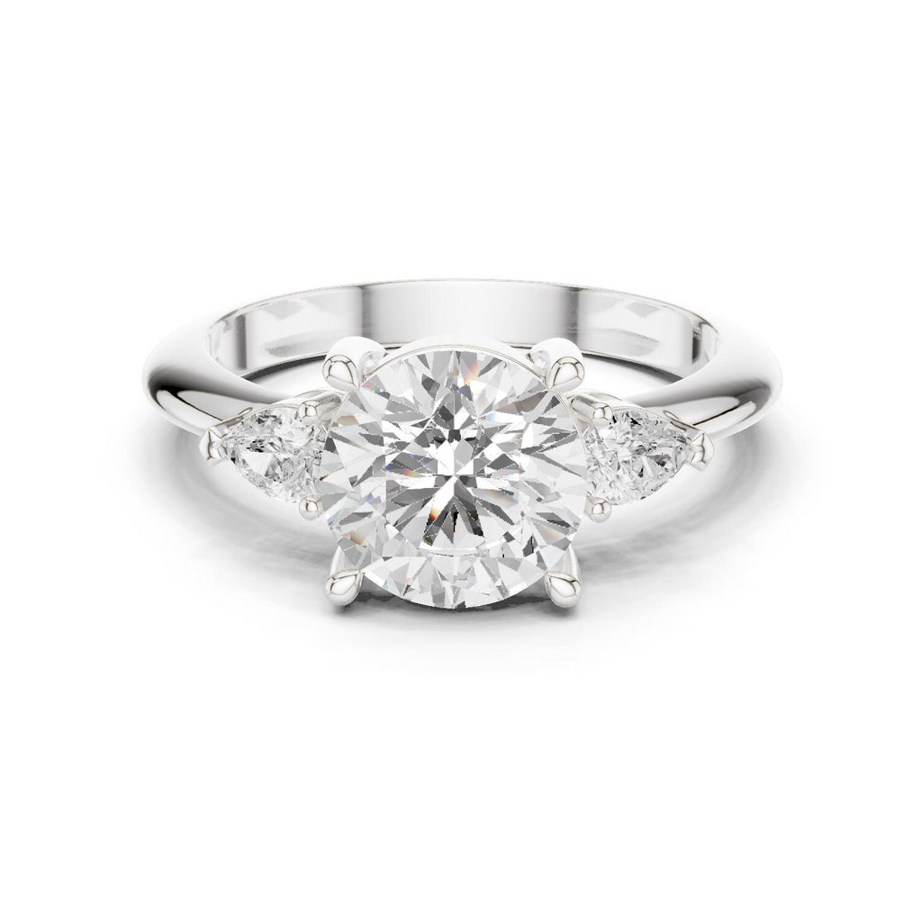 Round Moissanite Three-Stone Ring with Pear Side Stones – 925 Sterling Silver, 18K Gold Vermeil