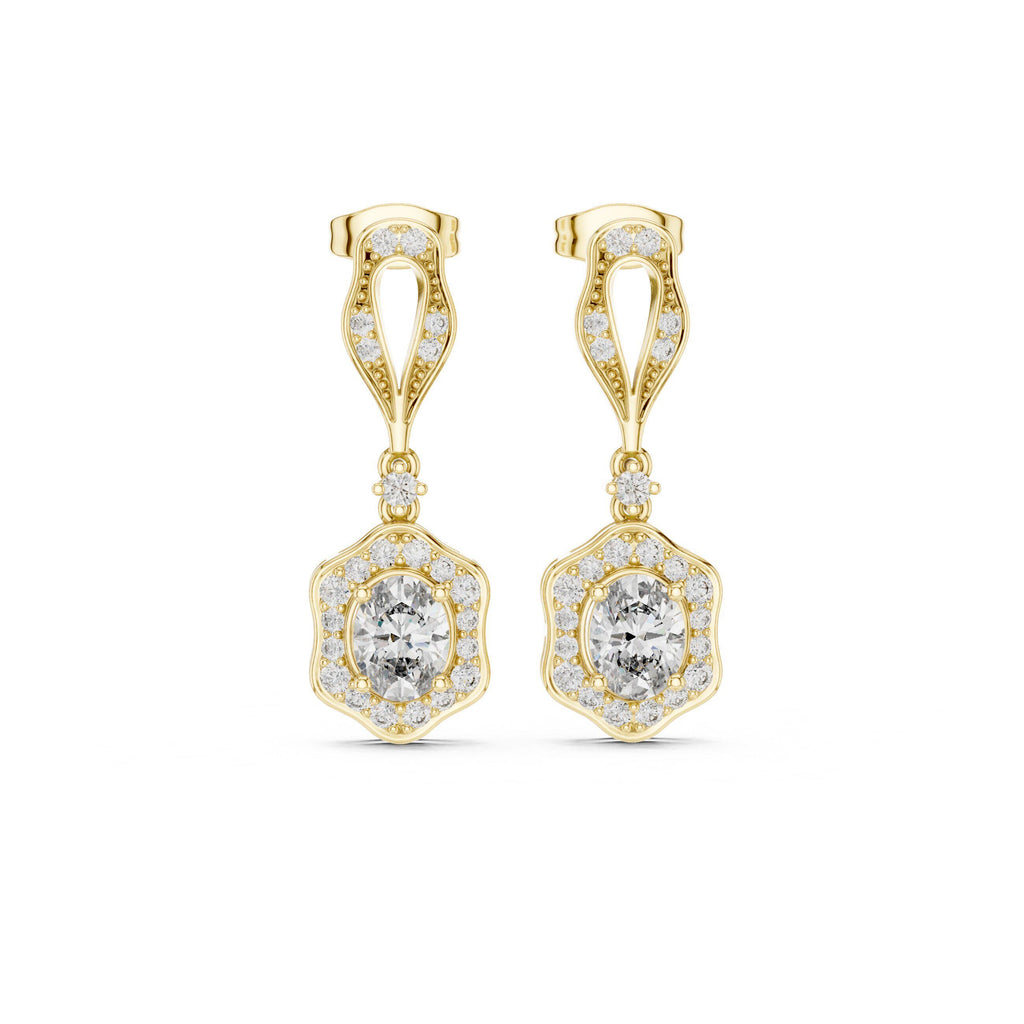 Oval Moissanite Vintage Halo Drop Earrings – 925 Sterling Silver, 18K Gold Vermeil