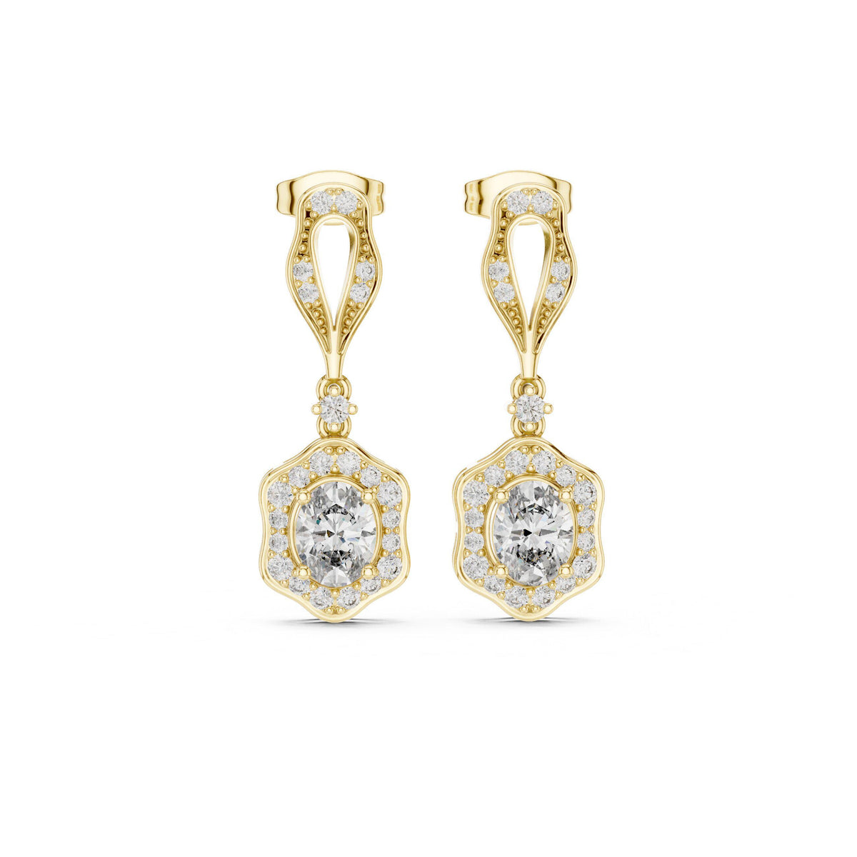 Oval Moissanite Vintage Halo Drop Earrings – 925 Sterling Silver, 18K Gold Vermeil
