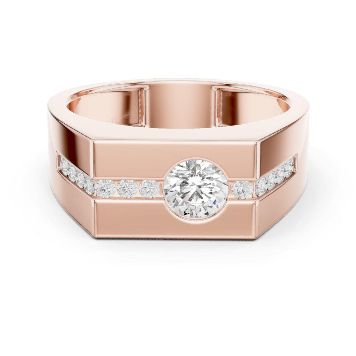 Men's Round Moissanite Ring with Channel Strip, Hexagon Top – 925 Sterling Silver, 18K Gold Vermeil