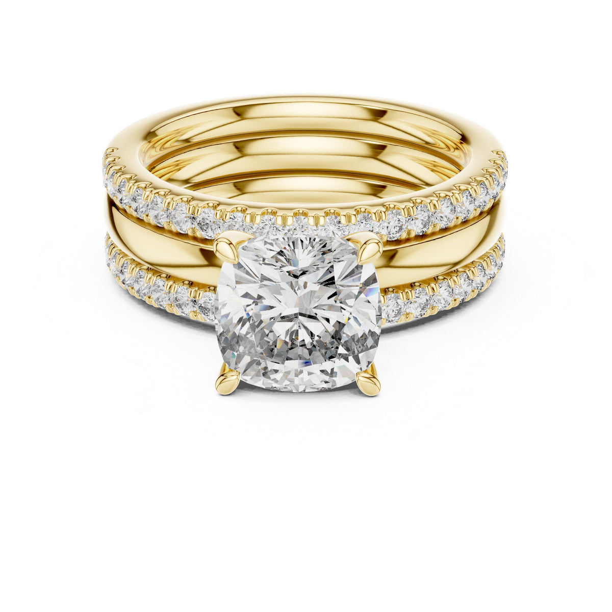 Cushion Moissanite Ring with Stacked Triple Band, 8mm – 925 Sterling Silver, 18K Gold Vermeil