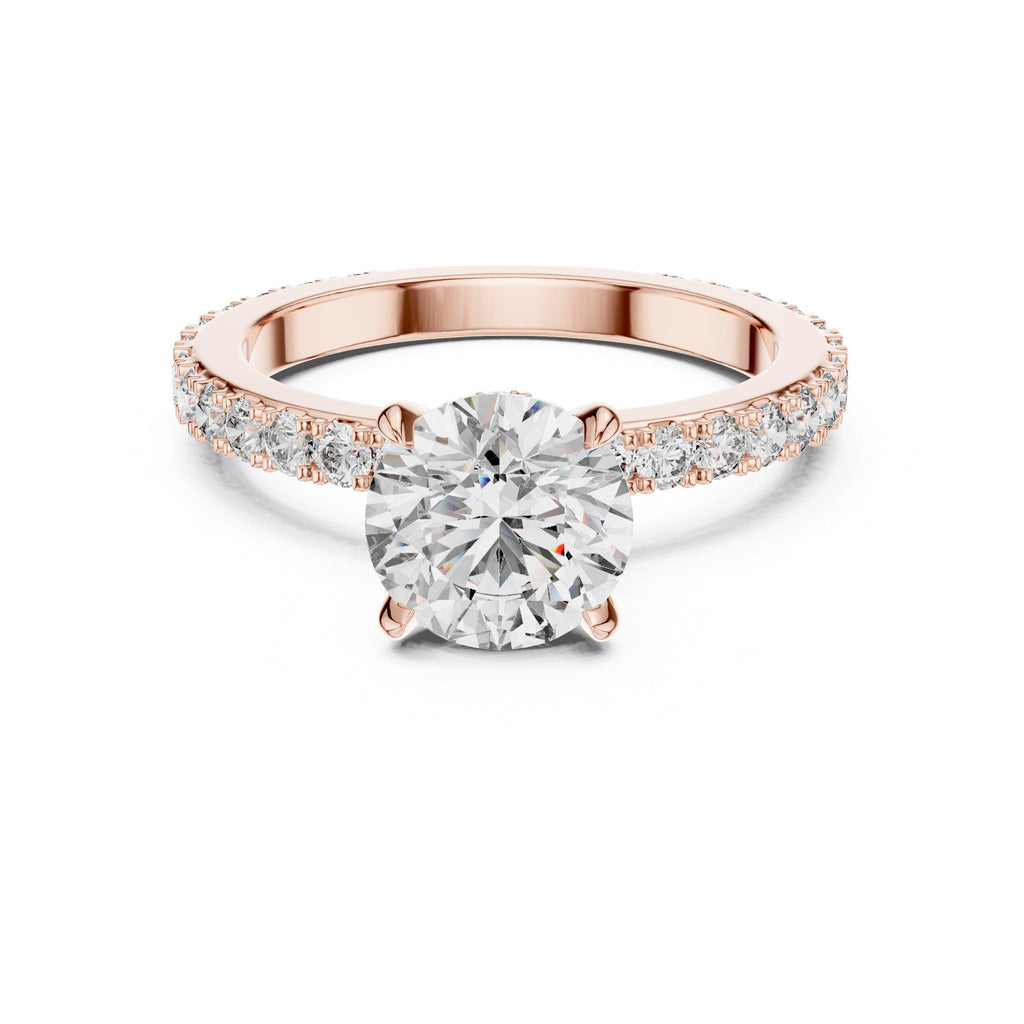 Round Moissanite Solitaire Ring with Pavé Band, Four-Prong – 925 Sterling Silver, 18K Gold Vermeil