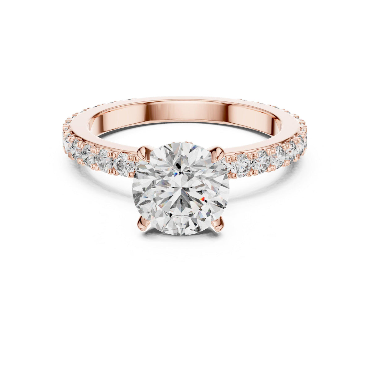 Round Moissanite Solitaire Ring with Pavé Band, Four-Prong – 925 Sterling Silver, 18K Gold Vermeil