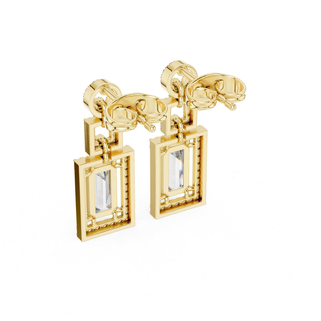 Emerald-Cut Moissanite Geometric Halo Drop Earrings – 925 Sterling Silver, 18K Gold Vermeil