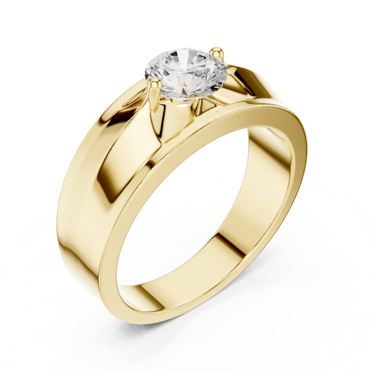 Men's Round Moissanite Ring with Winged Prongs, Flat Band – 925 Sterling Silver, 18K Gold Vermeil