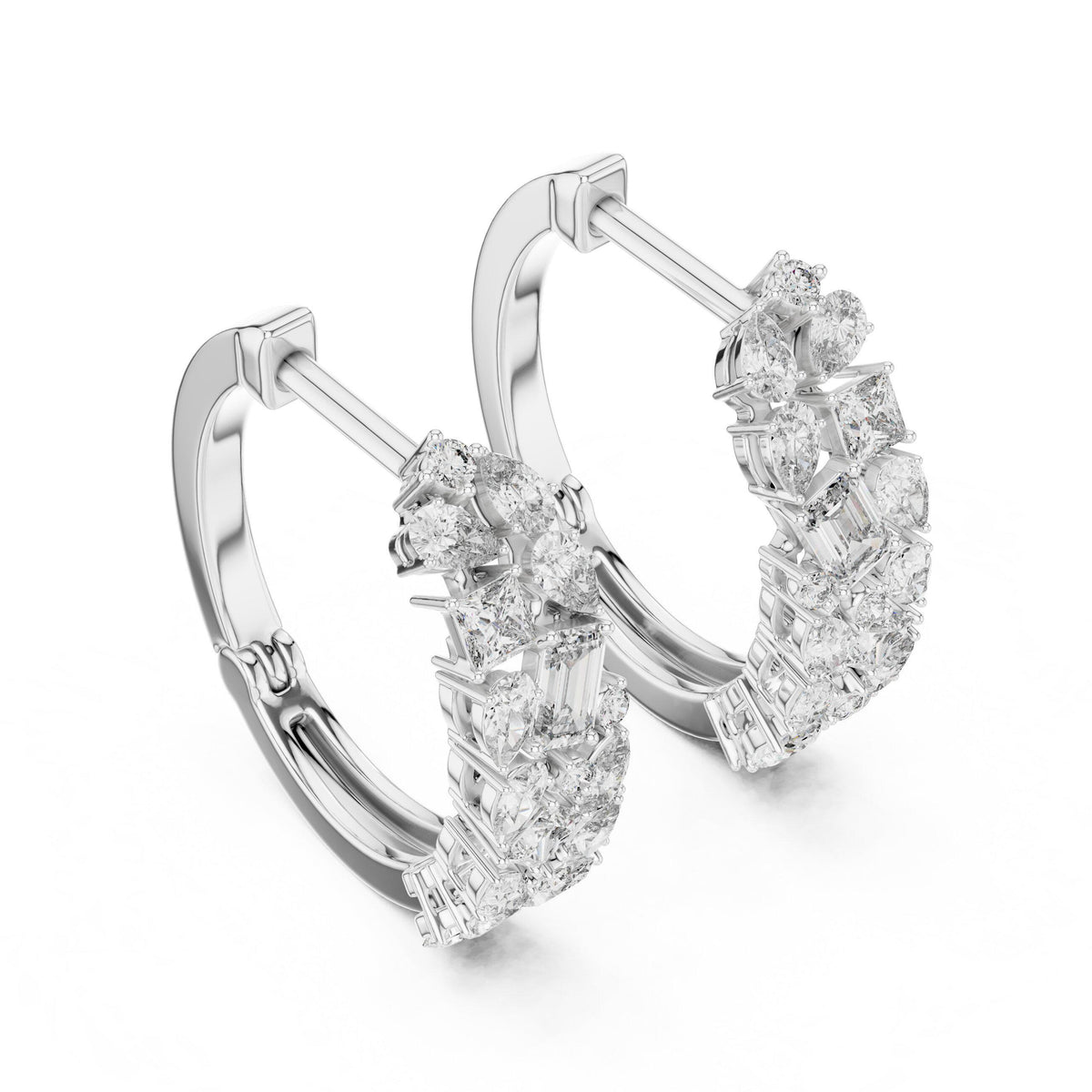 Mixed-Cut Moissanite Cluster Hoop Earrings – 925 Sterling Silver, 18K Gold Vermeil
