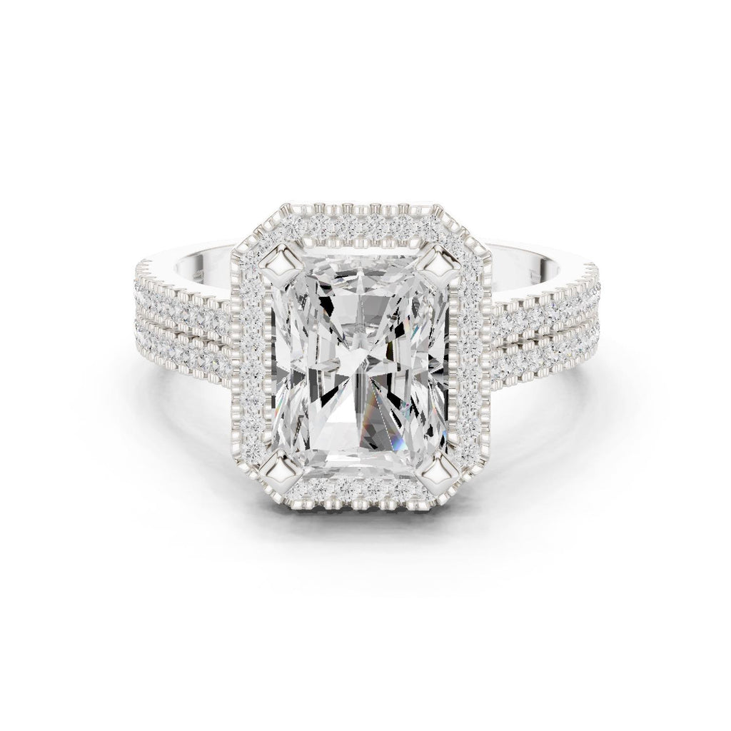 Radiant-Cut Moissanite Halo Ring with Triple-Row Pavé Band – 925 Sterling Silver, 18K Gold Vermeil