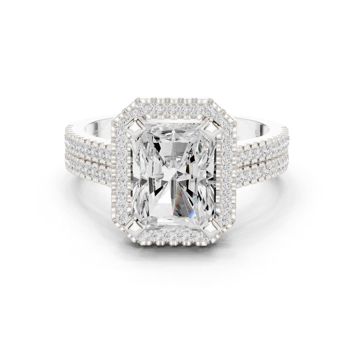 Radiant-Cut Moissanite Halo Ring with Triple-Row Pavé Band – 925 Sterling Silver, 18K Gold Vermeil