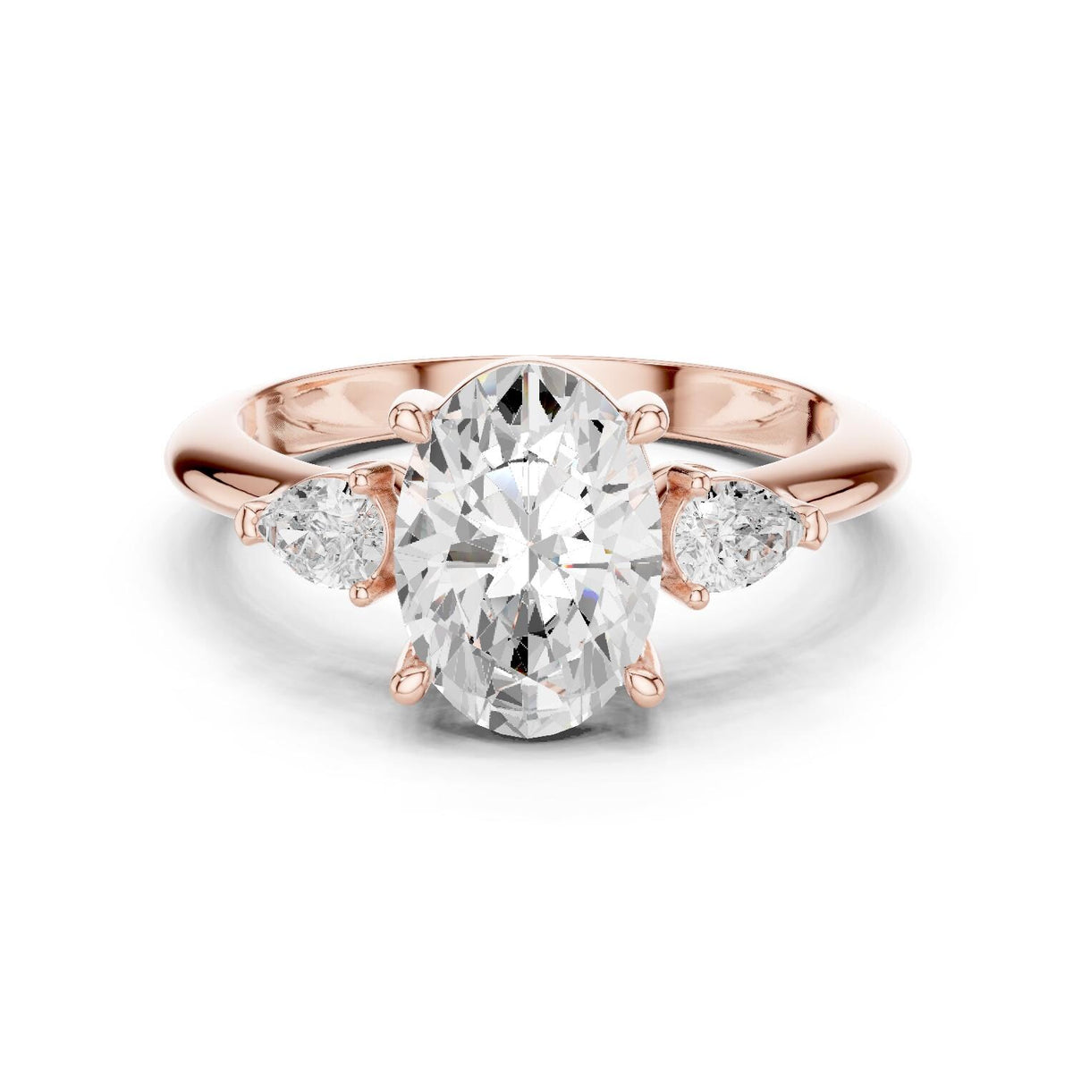 Oval Moissanite Three-Stone Ring with Pear Side Stones, Classic Band – 925 Sterling Silver, 18K Gold Vermeil