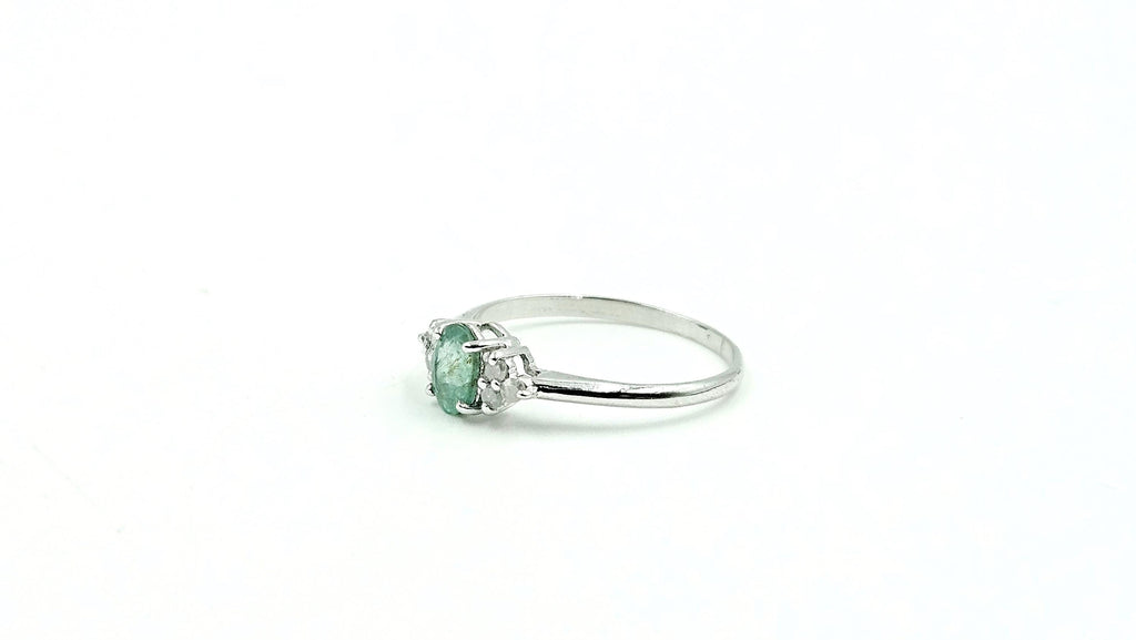 Oval Emerald Ring with Diamond-Set Shoulders – 925 Sterling Silver, 18K White Gold Vermeil