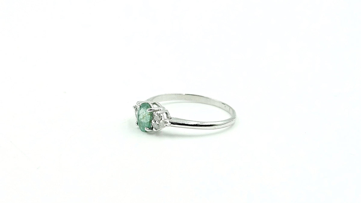 Oval Emerald Ring with Diamond-Set Shoulders – 925 Sterling Silver, 18K White Gold Vermeil