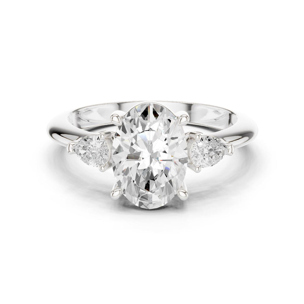 Oval Moissanite Three-Stone Ring with Pear Side Stones, Classic Band – 925 Sterling Silver, 18K Gold Vermeil