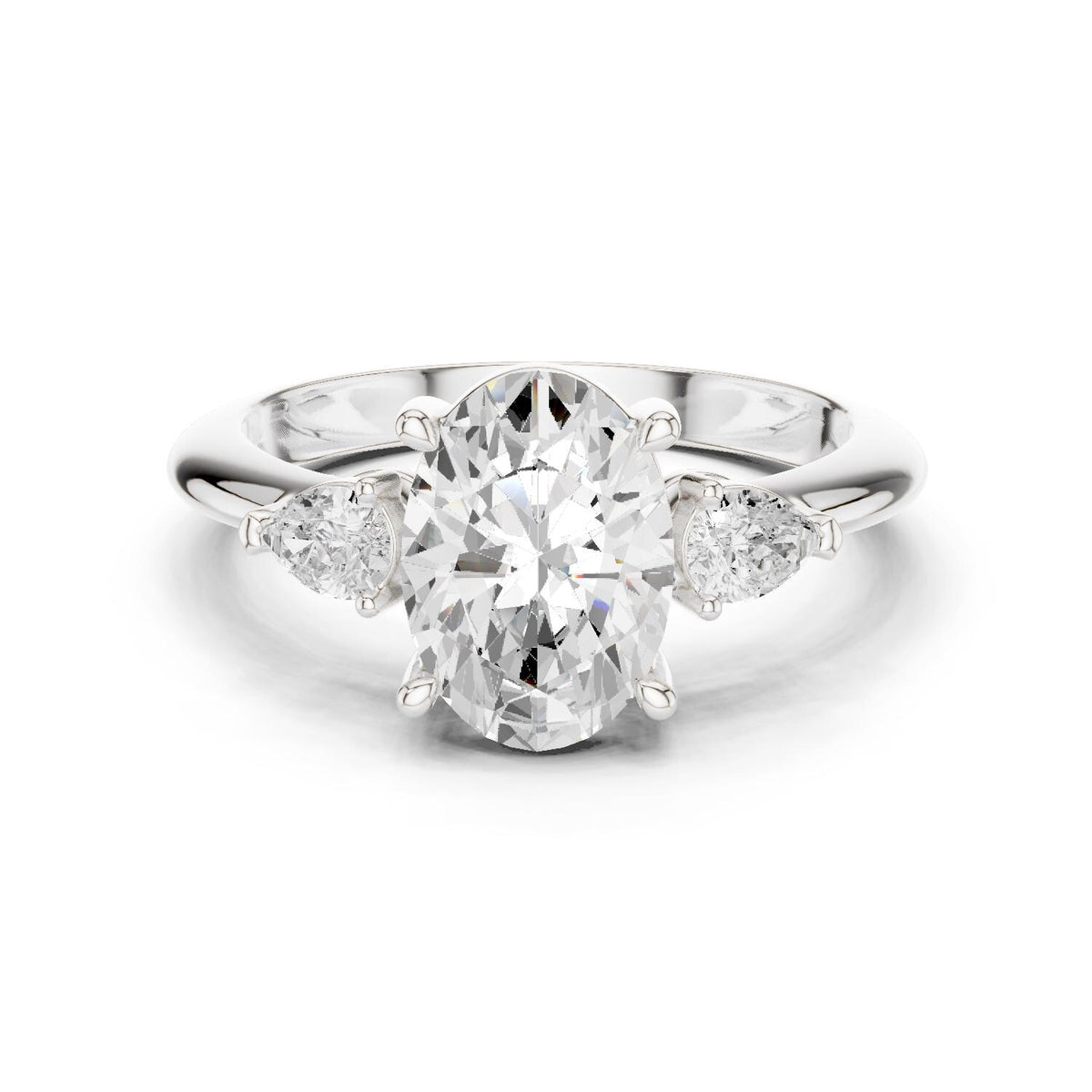 Oval Moissanite Three-Stone Ring with Pear Side Stones, Classic Band – 925 Sterling Silver, 18K Gold Vermeil