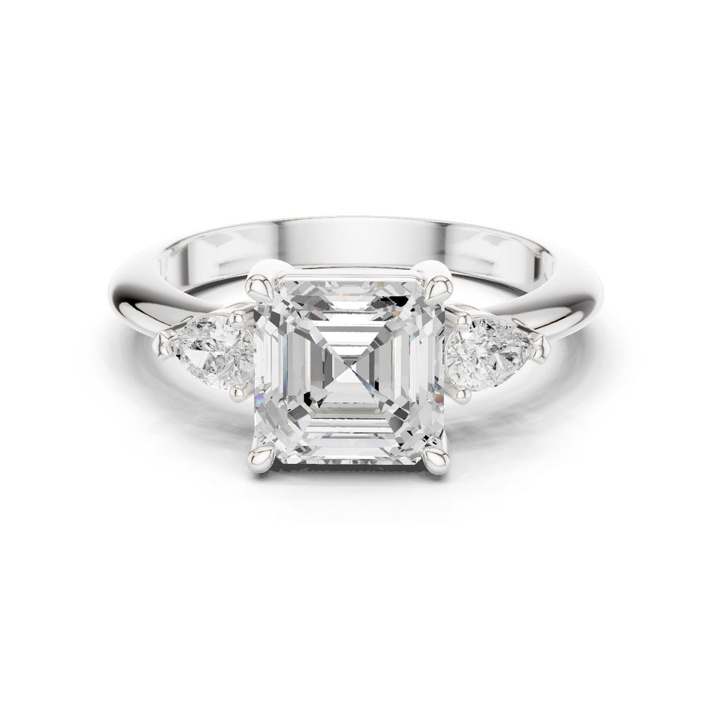 Asscher-Cut Moissanite Three-Stone Ring with Pear Side Stones – 925 Sterling Silver, 18K Gold Vermeil