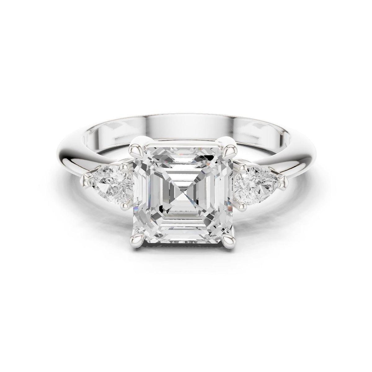 Asscher-Cut Moissanite Three-Stone Ring with Pear Side Stones – 925 Sterling Silver, 18K Gold Vermeil