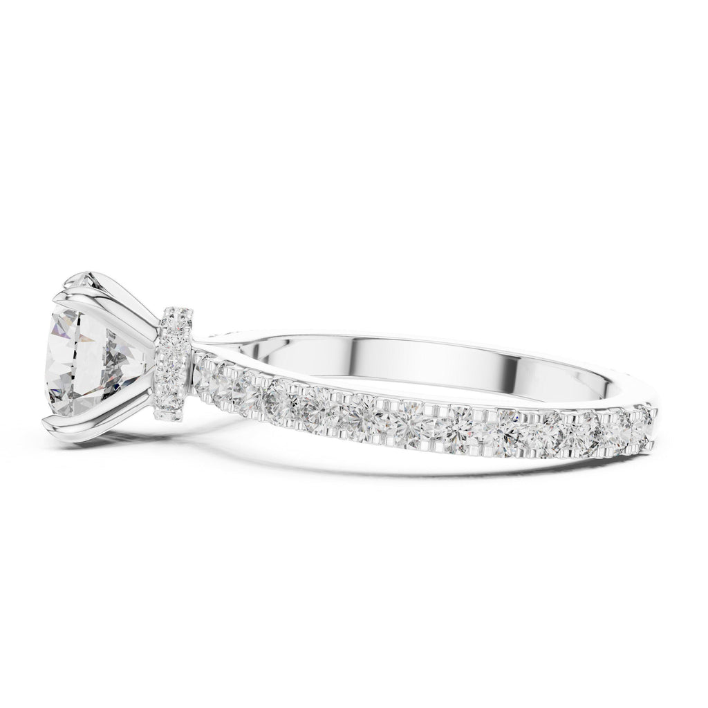 Round Moissanite Solitaire Ring with Pavé Band, Four-Prong – 925 Sterling Silver, 18K Gold Vermeil